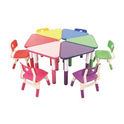 ชุดโต๊ะสามเหลี่ยม หลากสี พร้อมเก้าอี้ 6 ที่นั่ง โต๊ะเก้าอี้นักเรียน,โต๊ะเด็ก,เก้าอี้เด็ก,อนุบาล-ประถม,โต๊ะกิจกรรม,โต๊ะพลาสติกขาเหล็ก,โต๊ะเขียนหนังสือเด็ก สั่งนำเข้า ขนาดความยาวโต๊ะ 140 ซม. ขนาดความสูงโต๊ะ 48-60 ซม.