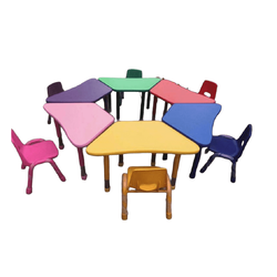 ชุดโต๊ะสี่เหลี่ยมคางหมู 6 ตัว พร้อมเก้าอึ้ 6 ตัว โต๊ะเก้าอี้นักเรียน,โต๊ะเด็ก,เก้าอี้เด็ก,อนุบาล-ประถม,โต๊ะกิจกรรม,โต๊ะพลาสติกขาเหล็ก,โต๊ะเขียนหนังสือเด็ก สั่งนำเข้า ขนาดโต๊ะ ย. 205 * 48-56 ซม.