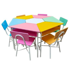 ชุดโต๊ะสี่เหลี่ยมคางหมูพร้อมเก้าอี้6ตัวแบบมีลิ้นชัก และโต๊ะตัวกลาง1ตัว นักเรียนประถม-มัธยม ,โต๊ะเขียนหนังสือเด็ก, โต๊ะกิจกรรม โต๊ะนักเรียน โต๊ะนักเรียนประถม พร้อมส่งในไทย
