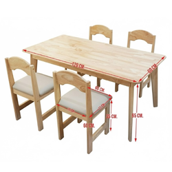 ชุดโต๊ะเก้าอี้ไม้ยางพาราสำหรับเด็กนักเรียนพร้อมเก้าอี้เสริมเบาะหนัง 4 ตัว, โต๊ะเรียนกลุ่มสำหรับเด็กประถม โต๊ะสี่เหลี่ยมผืนผ้า,โต๊ะไม้, สำหรับอนุบาล สินค้าผลิตในไทยมีพร้อมส่ง ขนาด 60x120x65 cm.