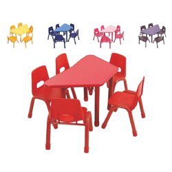 ชุดโต๊ะสี่เหลี่ยมคางหมู พร้อมเก้าอี้ 5 ที่นั่ง โต๊ะเก้าอี้นักเรียน,โต๊ะเด็ก,เก้าอี้เด็ก,อนุบาล-ประถม,โต๊ะกิจกรรม,โต๊ะพลาสติกขาเหล็ก,โต๊ะเขียนหนังสือเด็ก สั่งนำเข้า ขนาดโต๊ะ 60x120x48-56 ซม.