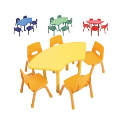 ชุดโต๊ะโค้ง พร้อมเก้าอี้ 5 ที่นั่ง โต๊ะเก้าอี้นักเรียน,โต๊ะเด็ก,เก้าอี้เด็ก,อนุบาล-ประถม,โต๊ะกิจกรรม,โต๊ะพลาสติกขาเหล็ก,โต๊ะเขียนหนังสือเด็ก สั่งนำเข้า ขนาดโต๊ะ 55x107x48-52 ซม.