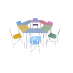 ชุดโต๊ะสี่เหลี่ยมคางหมูพร้อมเก้าอี้6ตัว แบบไม่มีลิ้นชัก ขาเหล็กกลม นักเรียนประถม-มัธยม ,โต๊ะเขียนหนังสือเด็ก, โต๊ะกิจกรรม โต๊ะนักเรียน โต๊ะนักเรียนประถม พร้อมส่งในไทย