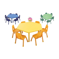 ชุดโต๊ะหกเหลี่ยม พร้อมเก้าอี้ 6 ที่นั่ง โต๊ะเก้าอี้นักเรียน, โต๊ะเด็ก, เก้าอี้เด็ก, อนุบาล-ประถม โต๊ะ กิจกรรม โต๊ะพลาสติกขาเหล็ก,โต๊ะเขียนหนังสือเด็ก สั่งนำเข้า ขนาด ย.120 x ส.48-56 ซม.