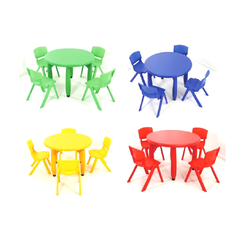 โปรโมชั่น ชุดโต๊ะเรียน เด็กอนุบาล โต๊ะกิจกรรม โต๊ะกลมพลาสติก พร้อมเก้าอี้ 4 ตัว ราคาโรงงาน พร้อมส่ง ส่งฟรี ขนาด 75x50 ซม.