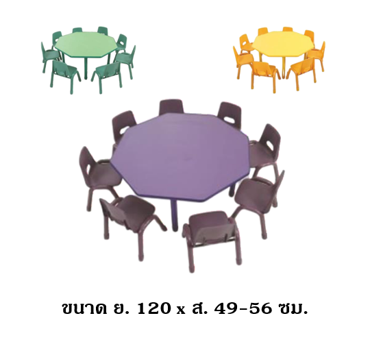 ชุดโต๊ะหกเหลี่ยม SET B พร้อมเก้าอี้ 8 ที่นั่ง โต๊ะเก้าอี้นักเรียน,โต๊ะเด็ก,เก้าอี้เด็ก,อนุบาล-ประถม,โต๊ะกิจกรรม,โต๊ะพลาสติกขาเหล็ก,โต๊ะเขียนหนังสือเด็ก สั่งนำเข้า ขนาด ย.120 x 48-56