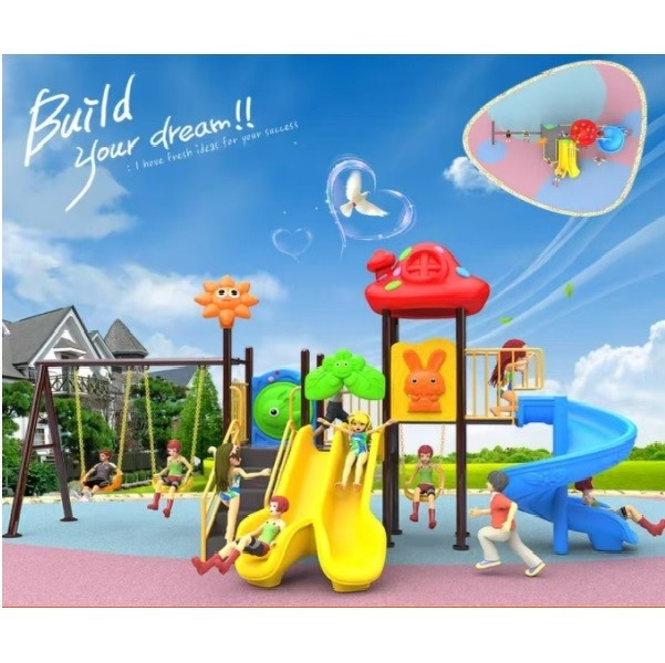 เครื่องเล่นสนามกลางแจ้ง ชุดป่าหลากสีสันชิงช้าและสไลเดอร์,สไลเดอร์, กระดานลื่น, ของเล่น,ครุภัณฑ์สนามเด็กเล่น, สพฐ,โครงการโรงเรียนประชารัฐ,งบประมาณ70,000 ขนาด 210x540x260 ซม.