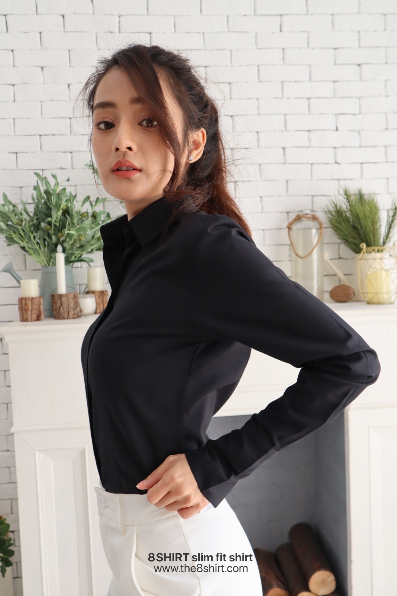 เสื้อเชิ้ตผู้หญิงสีดำ สลิมฟิต เข้ารูป แขนยาว เสื้อเชิ้ตทำงาน เสื้อยูนิฟอร์ม แบรนด์ 8SHIRT slim fit shirt พร้อมส่ง