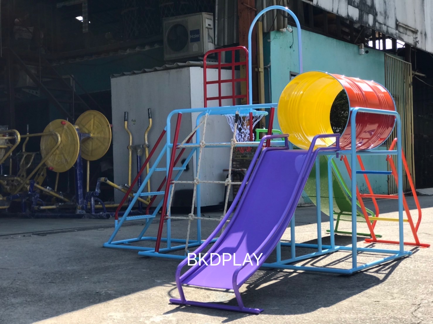 ชุดรวมเชือกถัก (อนุบาล), เครื่องเล่นสนามกลางแจ้ง , เครื่องเล่นสนามแบบเหล็ก,ชิงช้า,สไลเดอร์,โยกเยกเหล็ก, ม้าหมุน, OutdoorPlayground, ราคาโรงงาน ขนาด 120x120x150 ซม.