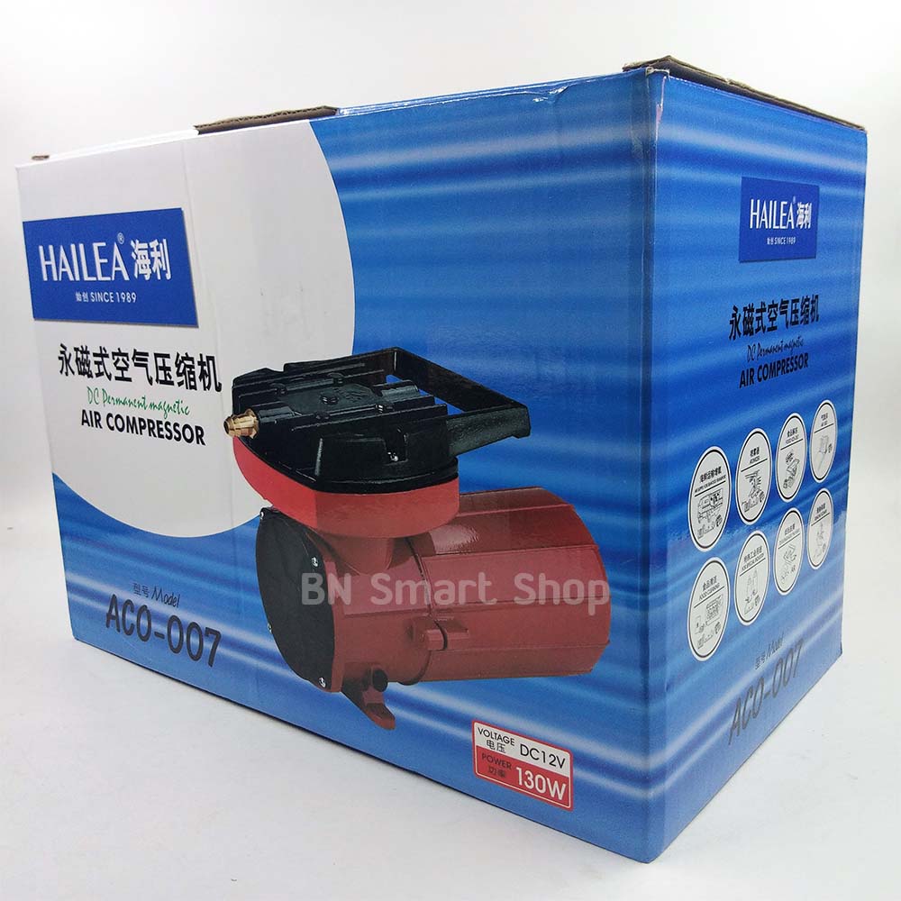 ปั้มลมใช้ไฟแบตเตอรี่รถ ปั้มลมต่อกับแบตเตอรี่รถ ไฟตรง DC 12 โวลท์ HAILEA ACO-007 กำลังไฟ 130 วัตต์ แถมอุปกรณ์พร้อมใช้งาน