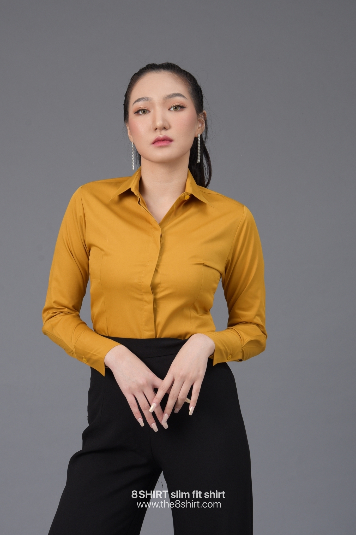 เสื้อเชิ้ตผู้หญิง สีเหลืองมัสตาร์ด (Mustard yellow) สลิมฟิต เข้ารูป แขนยาว เสื้อเชิ้ตทำงาน เสื้อยูนิฟอร์ม แบรนด์ 8SHIRT slim fit shirt พร้อมส่ง