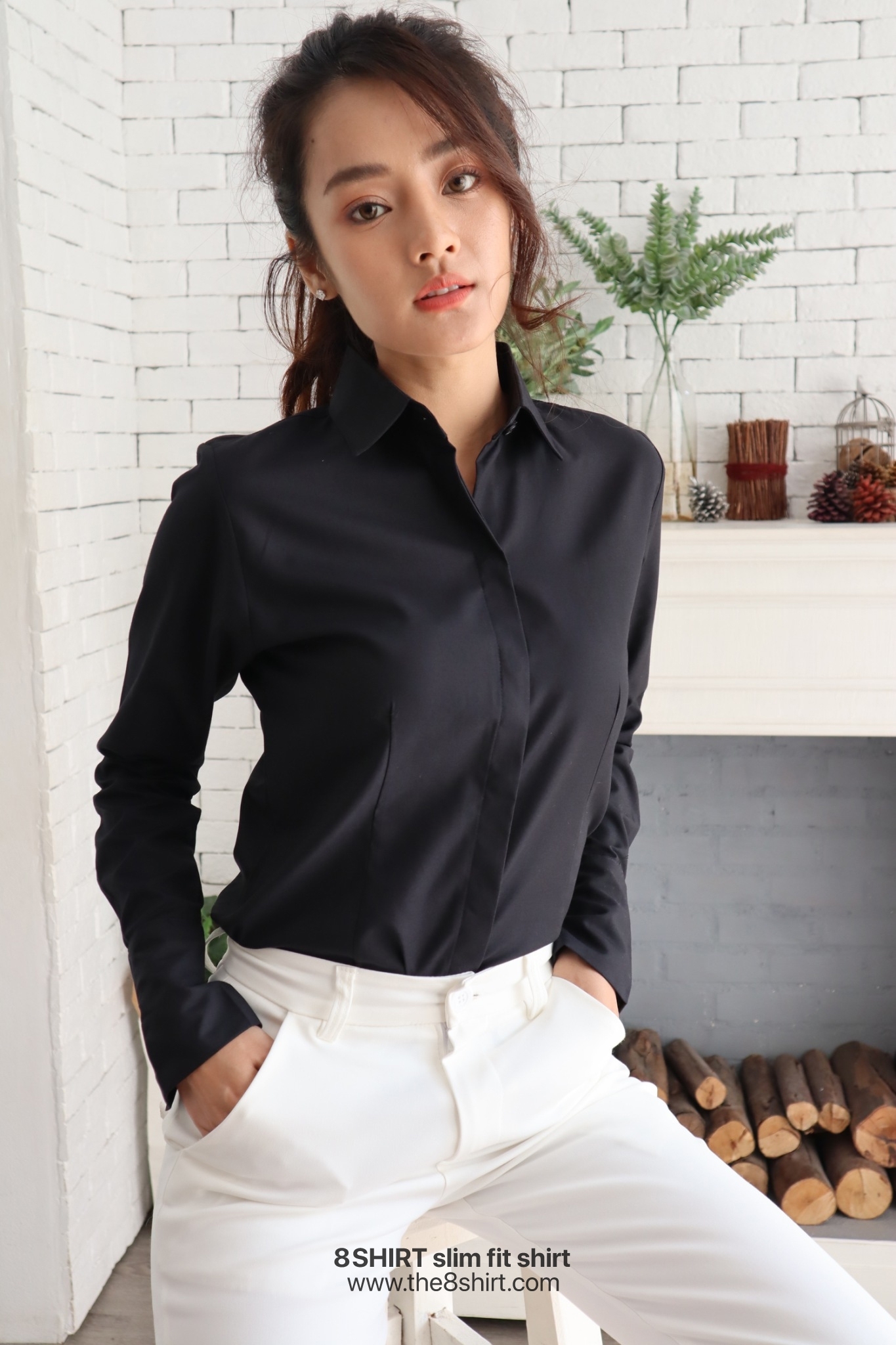 เสื้อเชิ้ตผู้หญิงสีดำ สลิมฟิต เข้ารูป แขนยาว เสื้อเชิ้ตทำงาน เสื้อยูนิฟอร์ม แบรนด์ 8SHIRT slim fit shirt พร้อมส่ง