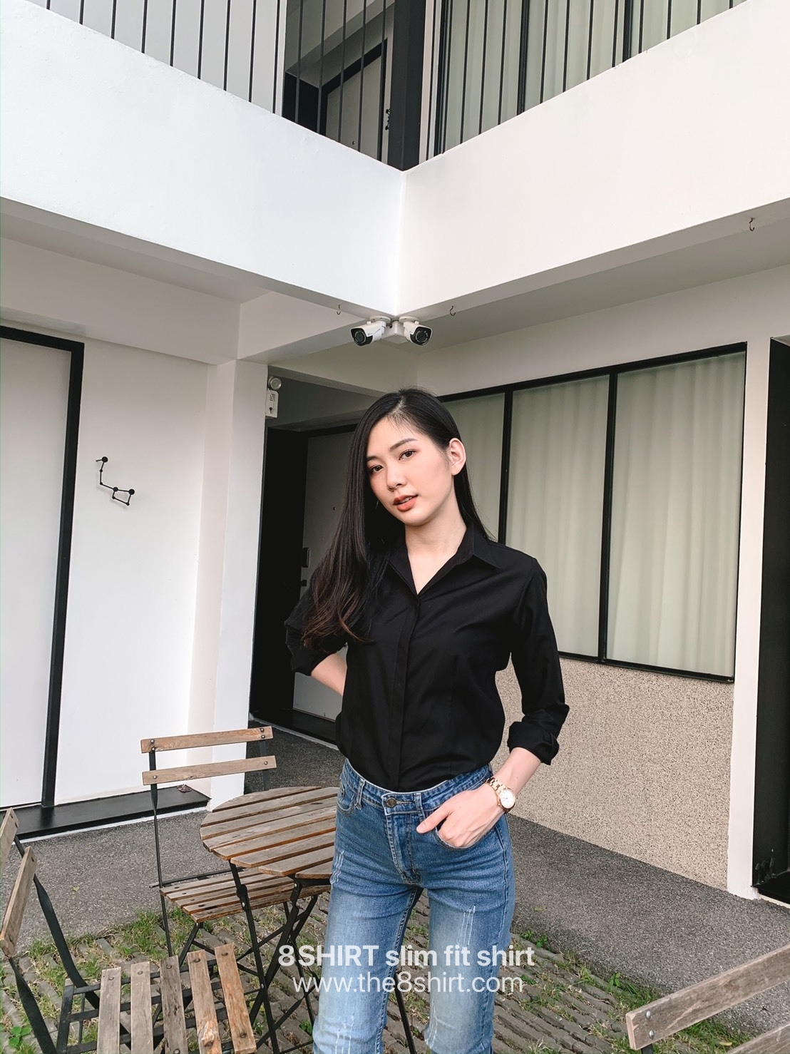 เสื้อเชิ้ตผู้หญิงสีดำ สลิมฟิต เข้ารูป แขนยาว เสื้อเชิ้ตทำงาน เสื้อยูนิฟอร์ม แบรนด์ 8SHIRT slim fit shirt พร้อมส่ง