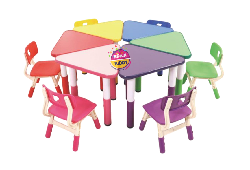 ชุดโต๊ะสามเหลี่ยม หลากสี พร้อมเก้าอี้ 6 ที่นั่ง โต๊ะเก้าอี้นักเรียน,โต๊ะเด็ก,เก้าอี้เด็ก,อนุบาล-ประถม,โต๊ะกิจกรรม,โต๊ะพลาสติกขาเหล็ก,โต๊ะเขียนหนังสือเด็ก สั่งนำเข้า ขนาดความยาวโต๊ะ 140 ซม. ขนาดความสูงโต๊ะ 48-60 ซม.