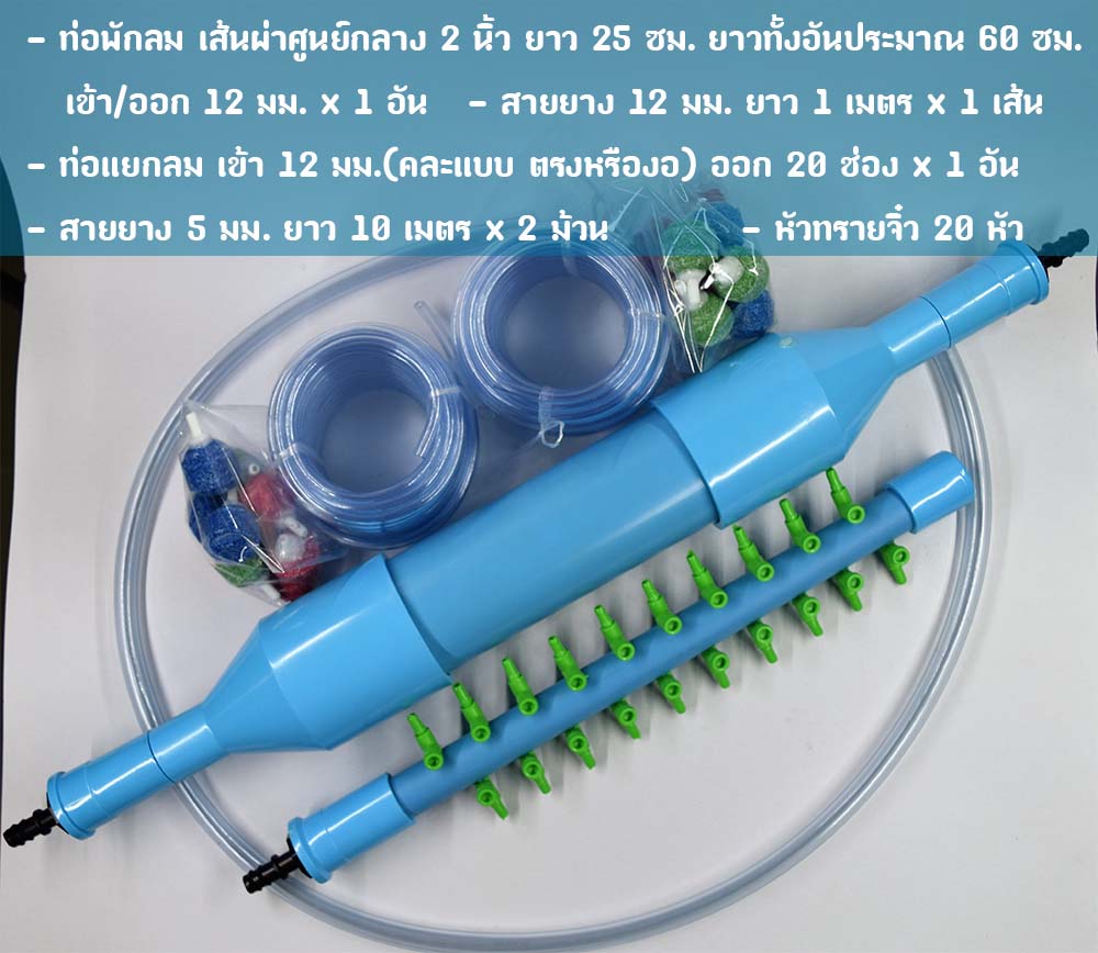ท่อพักลม 2 นิ้ว ท่อแยกลม 20 ช่อง หัวทรายจิ๋ว 20 หัว สายยาง5มม. 20 เมตร และสาย12มม. 1 เมตร พร้อมใช้งาน