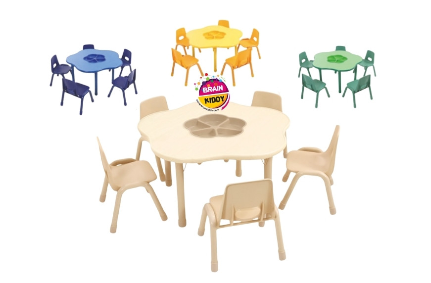 ชุดโต๊ะดอกไม้ พร้อมเก้าอี้ 5 ที่นั่ง โต๊ะเก้าอี้นักเรียน,โต๊ะเด็ก,เก้าอี้เด็ก,อนุบาล-ประถม,โต๊ะกิจกรรม,โต๊ะพลาสติกขาเหล็ก,โต๊ะเขียนหนังสือเด็ก สั่งนำเข้า ขนาดโต๊ะ 60x100x48-56 ซม.