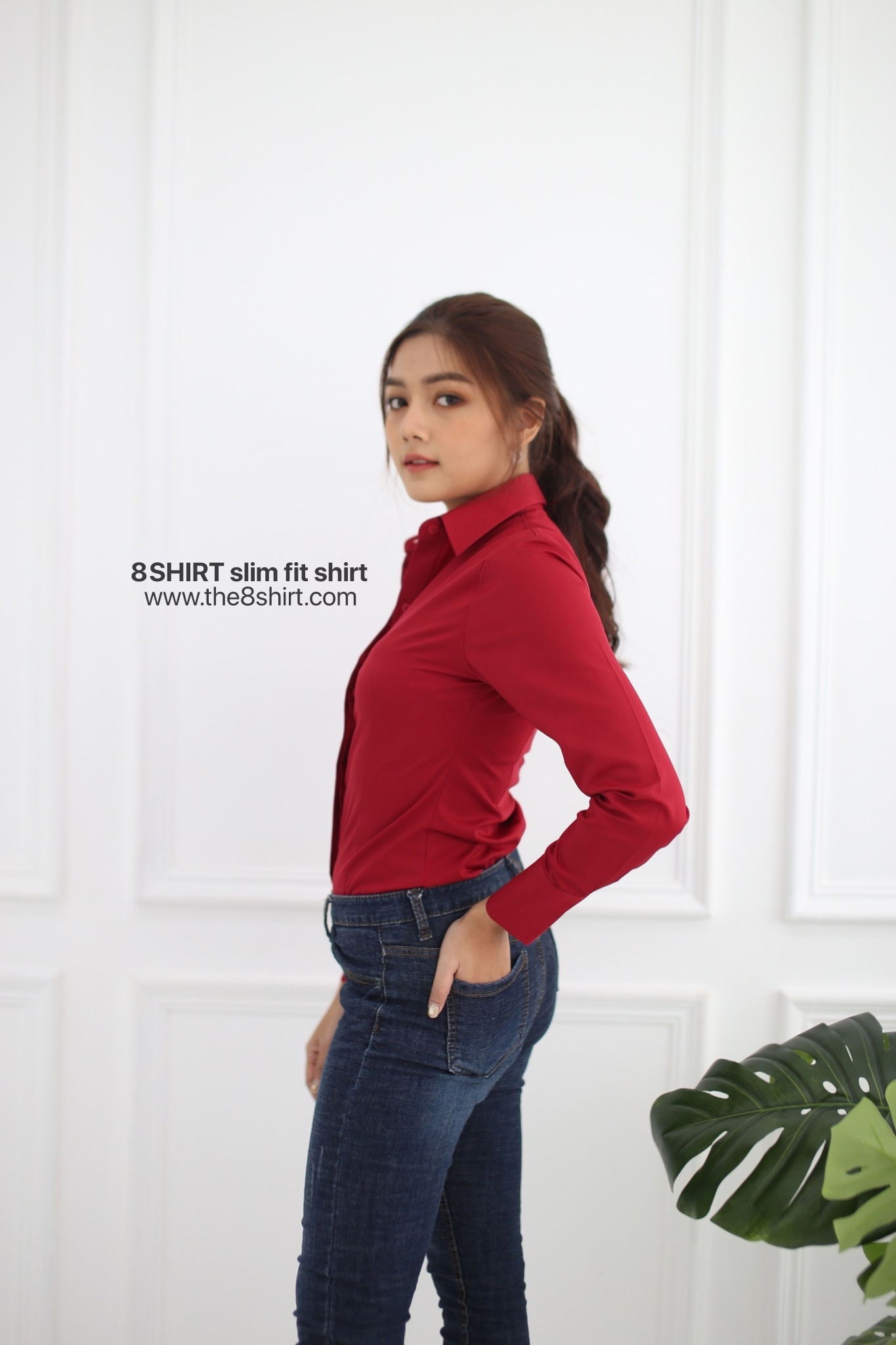 เสื้อเชิ้ตผู้หญิง แดงเลือดนก (Maroon Red) สลิมฟิต เข้ารูป แขนยาว เสื้อเชิ้ตทำงาน เสื้อยูนิฟอร์ม แบรนด์ 8SHIRT slim fit shirt พร้อมส่ง
