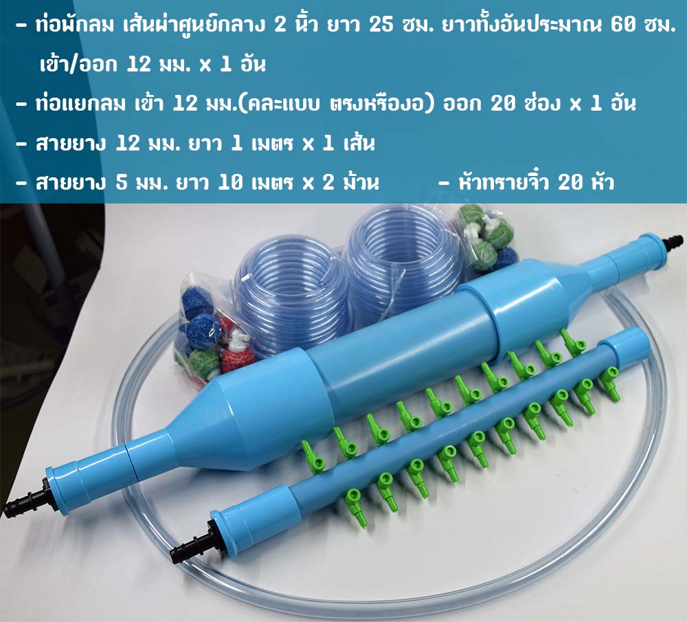 ท่อพักลม 2 นิ้ว ท่อแยกลม 20 ช่อง หัวทรายจิ๋ว 20 หัว สายยาง5มม. 20 เมตร และสาย12มม. 1 เมตร พร้อมใช้งาน
