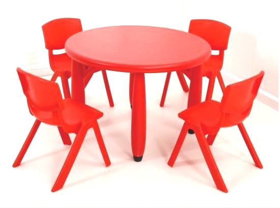 โปรโมชั่น ชุดโต๊ะเรียน เด็กอนุบาล โต๊ะกิจกรรม โต๊ะกลมพลาสติก พร้อมเก้าอี้ 4 ตัว ราคาโรงงาน พร้อมส่ง ส่งฟรี ขนาด 75x50 ซม.