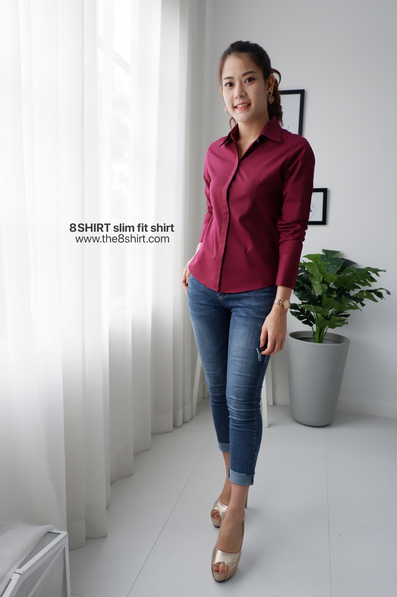 เสื้อเชิ้ตผู้หญิง สีแดงไวน์ (Red Wine) สลิมฟิต เข้ารูป แขนยาว เสื้อเชิ้ตทำงาน เสื้อยูนิฟอร์ม แบรนด์ 8SHIRT slim fit shirt พร้อมส่ง
