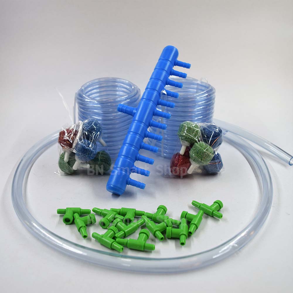 ท่อแยกลม 12 ช่อง(ช่องลมเข้า 3 หุน) วาวส์ปรับแรงดันลม 12 อัน สายยาง 12 เมตร หัวทรายจิ๋ว 12 หัว สายยาง 3 หุน ยาว 1 เมตร