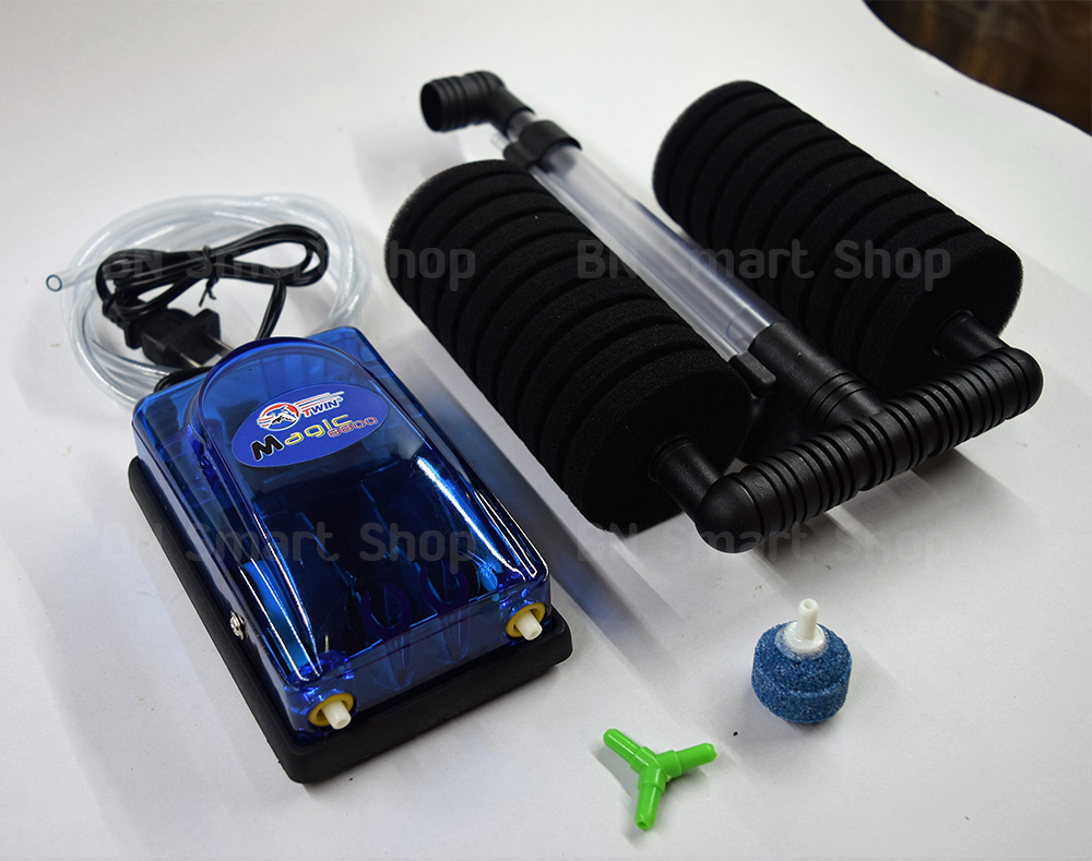 ปั้มออกซิเจน 2 ทาง Magic 8800 กับ กรองฟองน้ำ XINYOU xy-2822 และอุกรณ์พร้อมใช้งาน