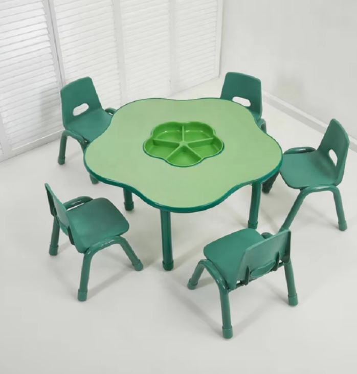 ชุดโต๊ะดอกไม้ พร้อมเก้าอี้ 5 ที่นั่ง โต๊ะเก้าอี้นักเรียน,โต๊ะเด็ก,เก้าอี้เด็ก,อนุบาล-ประถม,โต๊ะกิจกรรม,โต๊ะพลาสติกขาเหล็ก,โต๊ะเขียนหนังสือเด็ก สั่งนำเข้า ขนาดโต๊ะ 60x100x48-56 ซม.