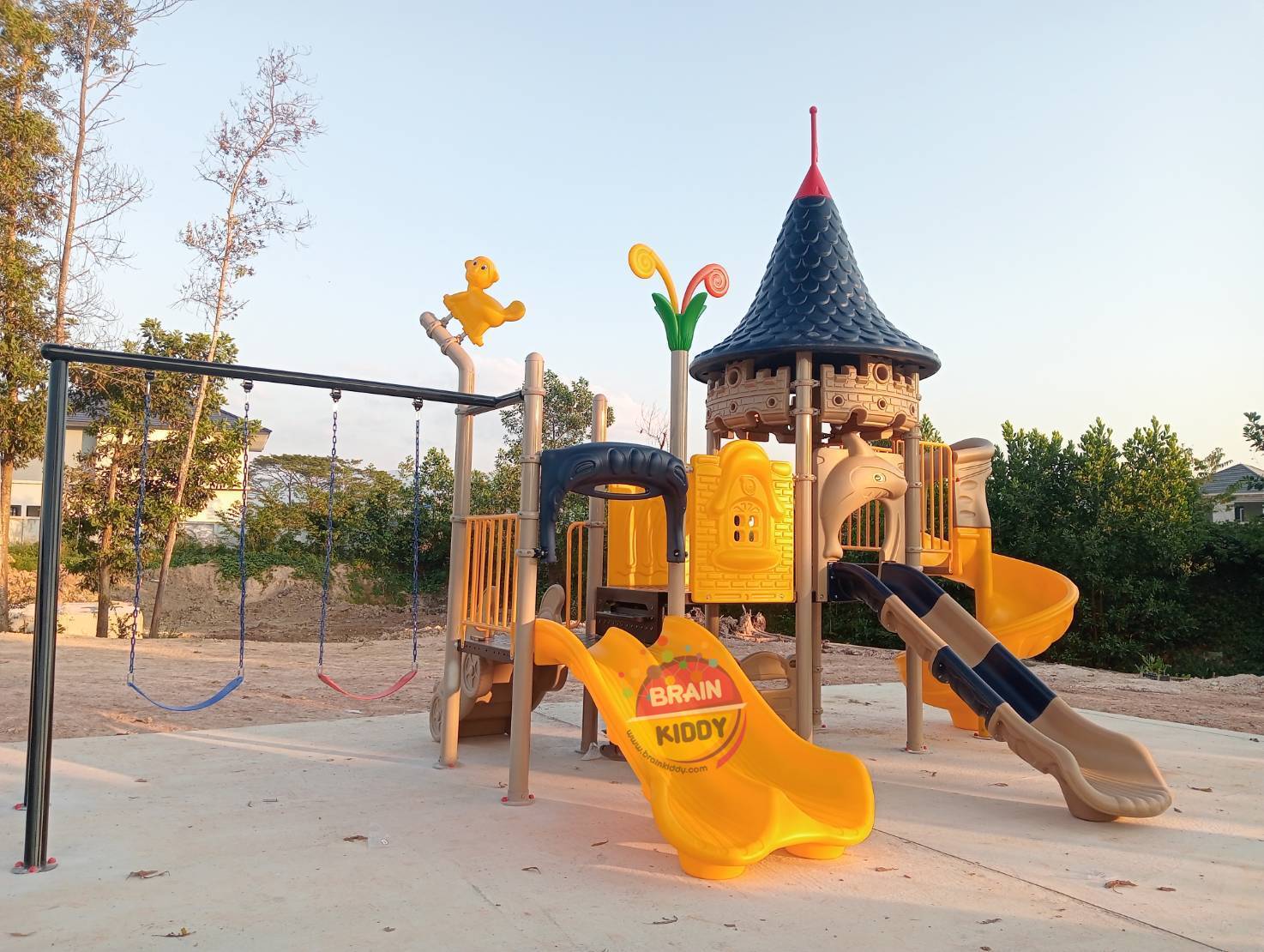 เครื่องเล่นสนาม, ชุดปราสาทสองสไลด์+ชิงช้า กระดานลื่น, ของเล่น,ครุภัณฑ์สนามเด็กเล่น, สพฐ,โครงการโรงเรียนประชารัฐ playground,สไลเดอร์,ของเล่นเสริมพัฒนาการ,เครื่องเล่นสนาม, สนามเด็กเล่น