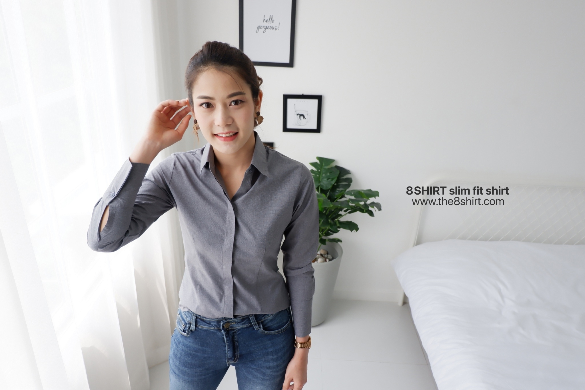 เสื้อเชิ้ตผู้หญิงสีเทาเข้ม สลิมฟิต เข้ารูป แขนยาว เสื้อเชิ้ตทำงาน เสื้อยูนิฟอร์ม แบรนด์ 8SHIRT slim fit shirt พร้อมส่ง