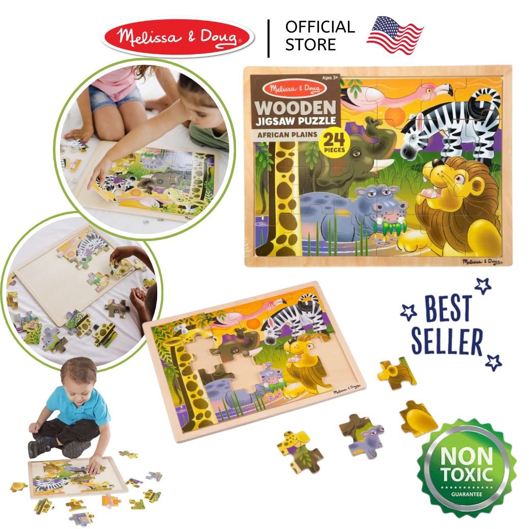 จิ๊กซอว์ไม้ 24 ชิ้น รุ่นสัตว์อาฟริกา พร้อมฐานไม้อย่างดี,Melissa & Doug Wooden Africa Jigsaw Puzzle, ของเล่นเสริมพัฒนาการ, ของเล่นเด็ก,สื่อการสอน,พร้อมส่ง