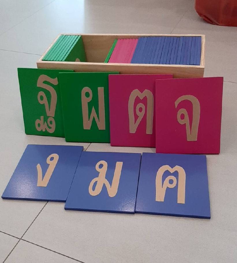 บัตรพยัญชนะกระดาษทราย ,ตัวอักษรไทย,ของเล่นไม้, ของเล่นเสริมพัฒนาการ, ของเล่นเด็ก,มอนเตสซอรี่,Montessori,อนุบาล, สื่อการสอน,ปฐมวัย