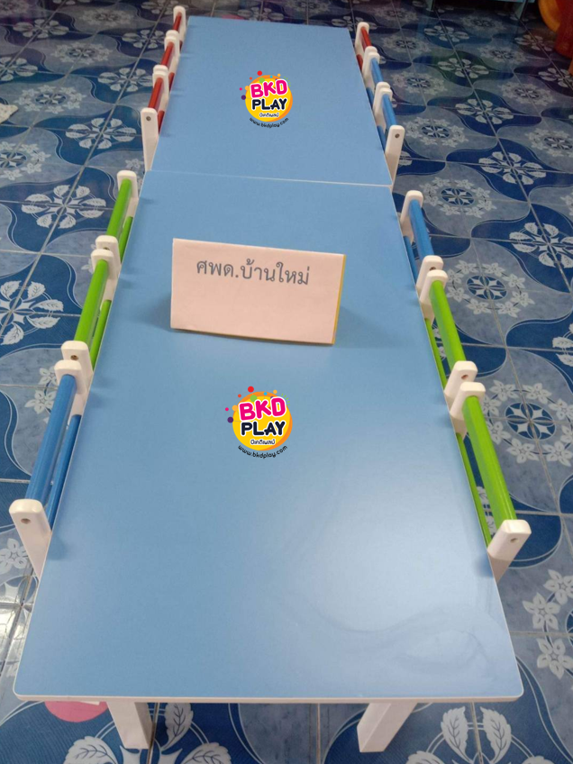 ชุดโต๊ะไม้ผืนผ้า พร้อมเก้าอี้ไม้ 6 ตัว ทำกิจกรรมกลุ่ม โต๊ะเขียนหนังสือเด็ก โต๊ะพร้อมเก้าอี้เด็กพร้อมส่ง สำหรับเด็ก อนุบาล โรงเรียน เนอสเซอรี่ ศูนย์พัฒนาเด็กเล็ก ขนาด: 60 x 120 x 50 ซม.