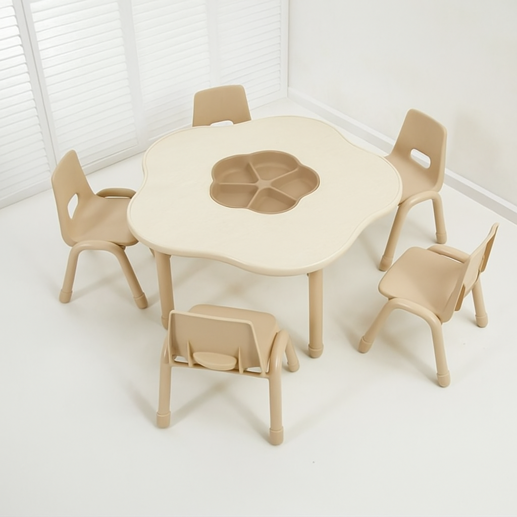 ชุดโต๊ะดอกไม้ พร้อมเก้าอี้ 5 ที่นั่ง โต๊ะเก้าอี้นักเรียน,โต๊ะเด็ก,เก้าอี้เด็ก,อนุบาล-ประถม,โต๊ะกิจกรรม,โต๊ะพลาสติกขาเหล็ก,โต๊ะเขียนหนังสือเด็ก สั่งนำเข้า ขนาดโต๊ะ 60x100x48-56 ซม.