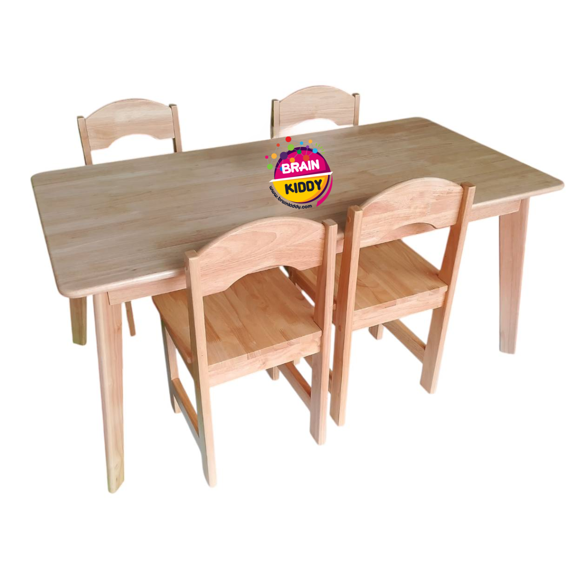 ชุดโต๊ะเก้าอี้ไม้ยางพาราสำหรับเด็กนักเรียนพร้อมเก้าอี้4 ตัว, โต๊ะเรียนกลุ่มสำหรับอนุบาล โต๊ะสี่เหลี่ยมผืนผ้า,โต๊ะไม้, สำหรับอนุบาล สินค้าผลิตในไทยมีพร้อมส่ง ขนาด 60x120x55 cm.