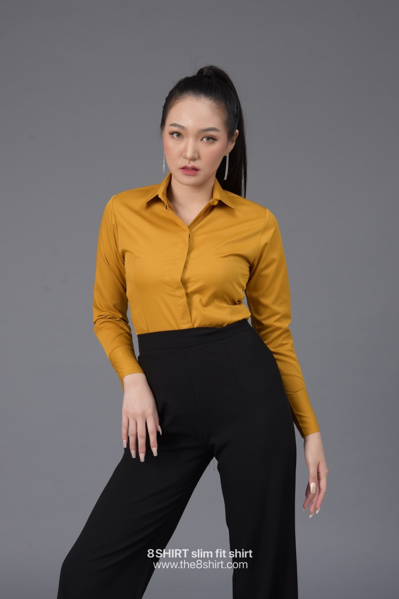 เสื้อเชิ้ตผู้หญิง สีเหลืองมัสตาร์ด (Mustard yellow) สลิมฟิต เข้ารูป แขนยาว เสื้อเชิ้ตทำงาน เสื้อยูนิฟอร์ม แบรนด์ 8SHIRT slim fit shirt พร้อมส่ง