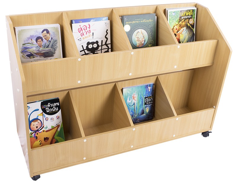 รถหนังสือ 8 ช่อง มีล้อ , เฟอร์นิเจอร์ , เฟอร์นิเจอร์ไม้ , ชั้นวางหนังสือ , ชั้นโชว์หนังสือแบบมีล้อ ขนาด 40 x 120 x 75 เซนติเมตร
