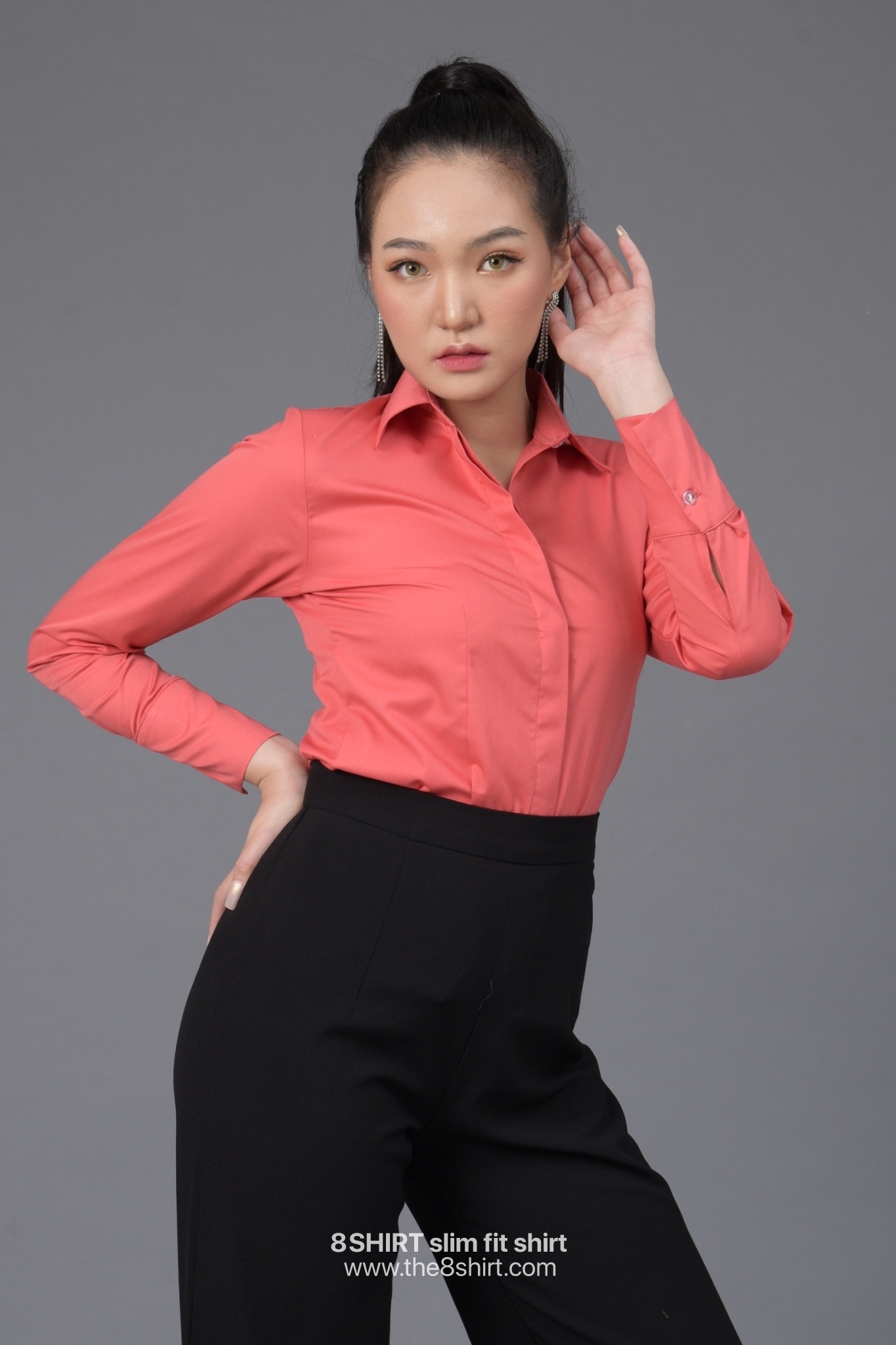 เสื้อเชิ้ตผู้หญิง ชมพูพั้นซ์ (Pink Punch) สลิมฟิต เข้ารูป แขนยาว เสื้อเชิ้ตทำงาน เสื้อยูนิฟอร์ม แบรนด์ 8SHIRT slim fit shirt พร้อมส่ง