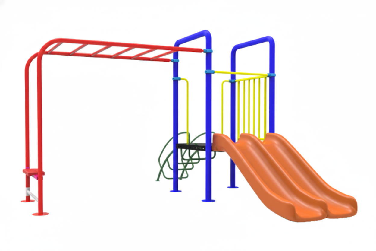 ชุดหอสไลด์80รางคู่+ บาร์โหน เครื่องเล่นสนามกลางแจ้ง เหล็ก ของเล่น สั่งทำ 10-20 วัน ขนาด450x370x250 ซม.