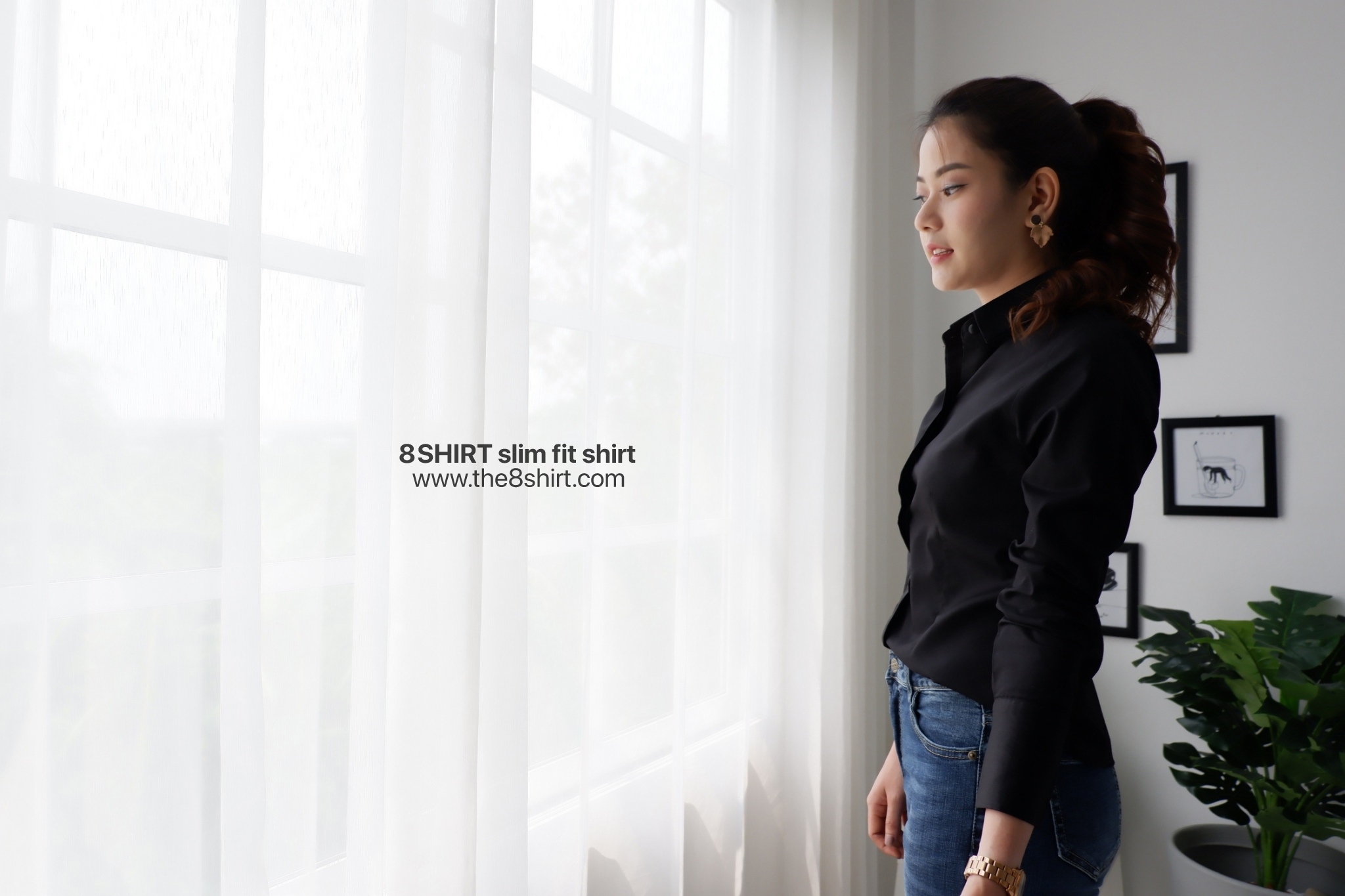 เสื้อเชิ้ตผู้หญิงสีดำ สลิมฟิต เข้ารูป แขนยาว เสื้อเชิ้ตทำงาน เสื้อยูนิฟอร์ม แบรนด์ 8SHIRT slim fit shirt พร้อมส่ง