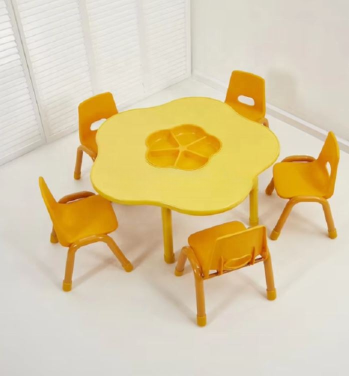 ชุดโต๊ะดอกไม้ พร้อมเก้าอี้ 5 ที่นั่ง โต๊ะเก้าอี้นักเรียน,โต๊ะเด็ก,เก้าอี้เด็ก,อนุบาล-ประถม,โต๊ะกิจกรรม,โต๊ะพลาสติกขาเหล็ก,โต๊ะเขียนหนังสือเด็ก สั่งนำเข้า ขนาดโต๊ะ 60x100x48-56 ซม.