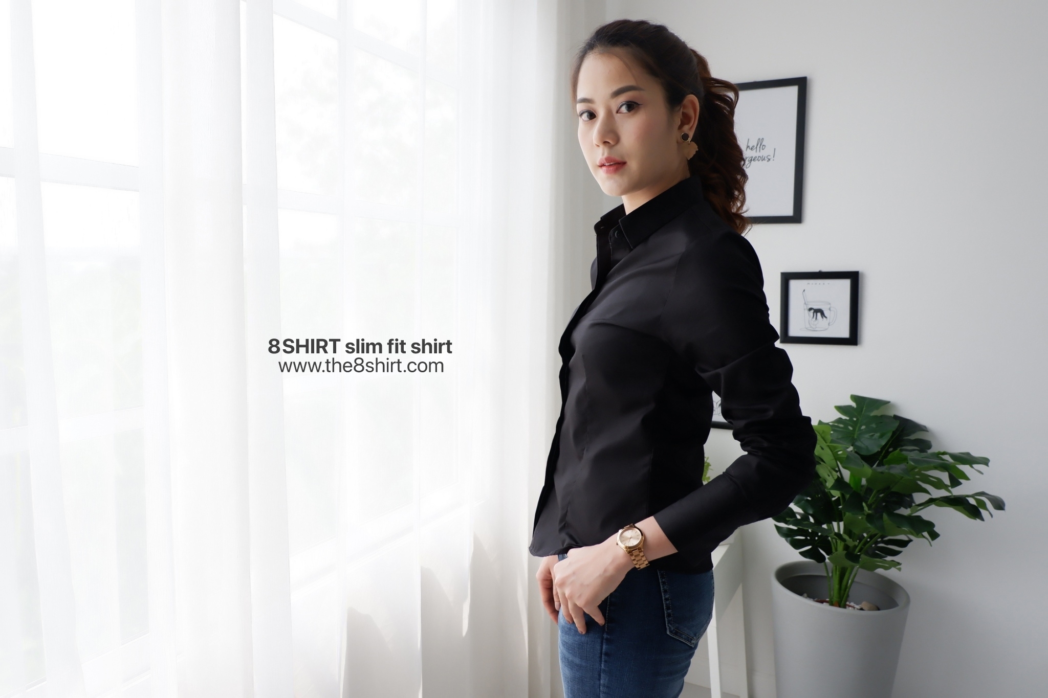 เสื้อเชิ้ตผู้หญิงสีดำ สลิมฟิต เข้ารูป แขนยาว เสื้อเชิ้ตทำงาน เสื้อยูนิฟอร์ม แบรนด์ 8SHIRT slim fit shirt พร้อมส่ง