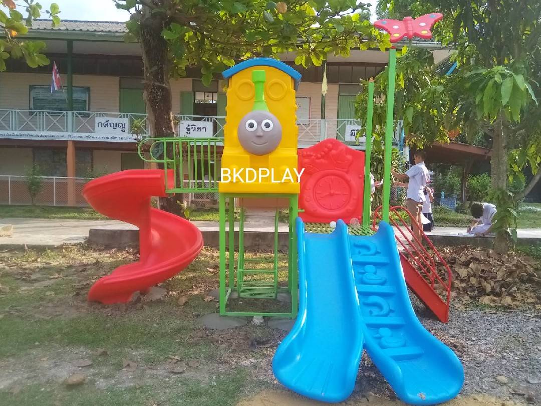 เครื่องเล่นสนามกลางแจ้ง-ในร่ม, ชุดรถไฟเหลืองกับผีเสื้อ B, สนามเด็กเล่น,เครื่องเล่นเด็ก, ครุภัณฑ์สนามเด็กเล่น, งบ สพฐ.,โครงการโรงเรียนประชารัฐ ศูนย์พัฒนาเด็กเล็ก playground,สไลเดอร์