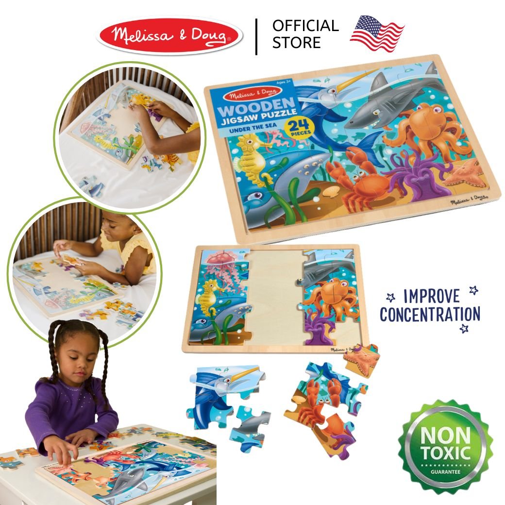 จิ๊กซอว์ไม้ 24 ชิ้น รุ่นสัตว์ทะเล พร้อมฐานไม้อย่างดี,Melissa & Doug Wooden Sea Life Jigsaw Puzzle, ของเล่นเสริมพัฒนาการ, ของเล่นเด็ก,สื่อการสอน,พร้อมส่ง