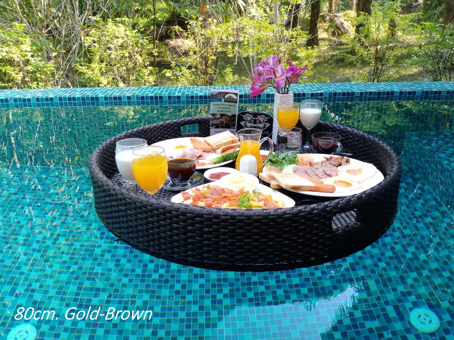 ถาดลอยน้ำหวายเทียม ทรงกลม 80ซม. สูง14ซม.หวายเทียม สำหรับใส่สำรับอาหาร หรือเครื่องดื่มเสริฟริมสระ หรือลอยในสระน้ำได้