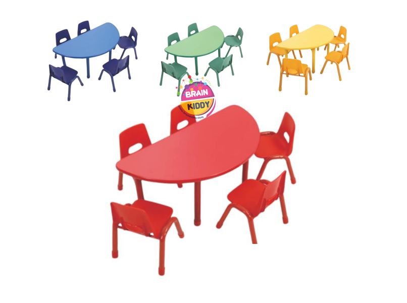 ชุดโต๊ะครึ่งวงกลม SET B พร้อมเก้าอี้ 5 ที่นั่ง ราคาต่อ1สี โต๊ะเก้าอี้นักเรียน,โต๊ะเด็ก,เก้าอี้เด็ก,อนุบาล-ประถม,โต๊ะกิจกรรม,โต๊ะพลาสติกขาเหล็ก,โต๊ะเขียนหนังสือเด็ก สั่งนำเข้า ขนาดโต๊ะ 60x120x48-56 ซม.