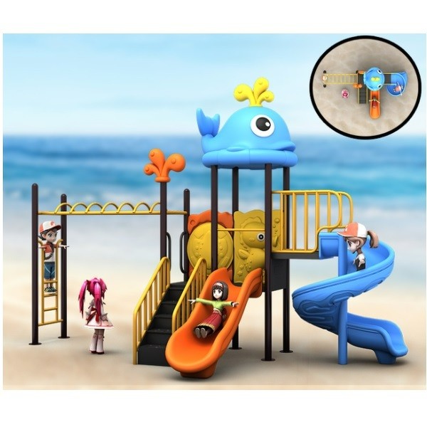 เครื่องเล่นสนามกลางแจ้ง ชุดวาฬน้อยผจญภัย,สไลเดอร์,บาร์โหน,ปีนป่าย,กระดานลื่น,เครื่องเล่นเด็ก,ครุภัณฑ์สนามเด็กเล่น, สพฐ,โครงการโรงเรียนประชารัฐ,งบประมาณ70,000 ขนาด 210x420x260 ซม.