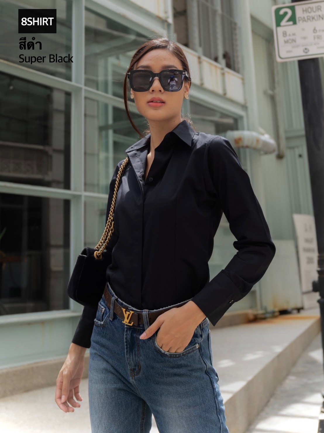 เสื้อเชิ้ตผู้หญิงสีดำ สลิมฟิต เข้ารูป แขนยาว เสื้อเชิ้ตทำงาน เสื้อยูนิฟอร์ม แบรนด์ 8SHIRT slim fit shirt พร้อมส่ง