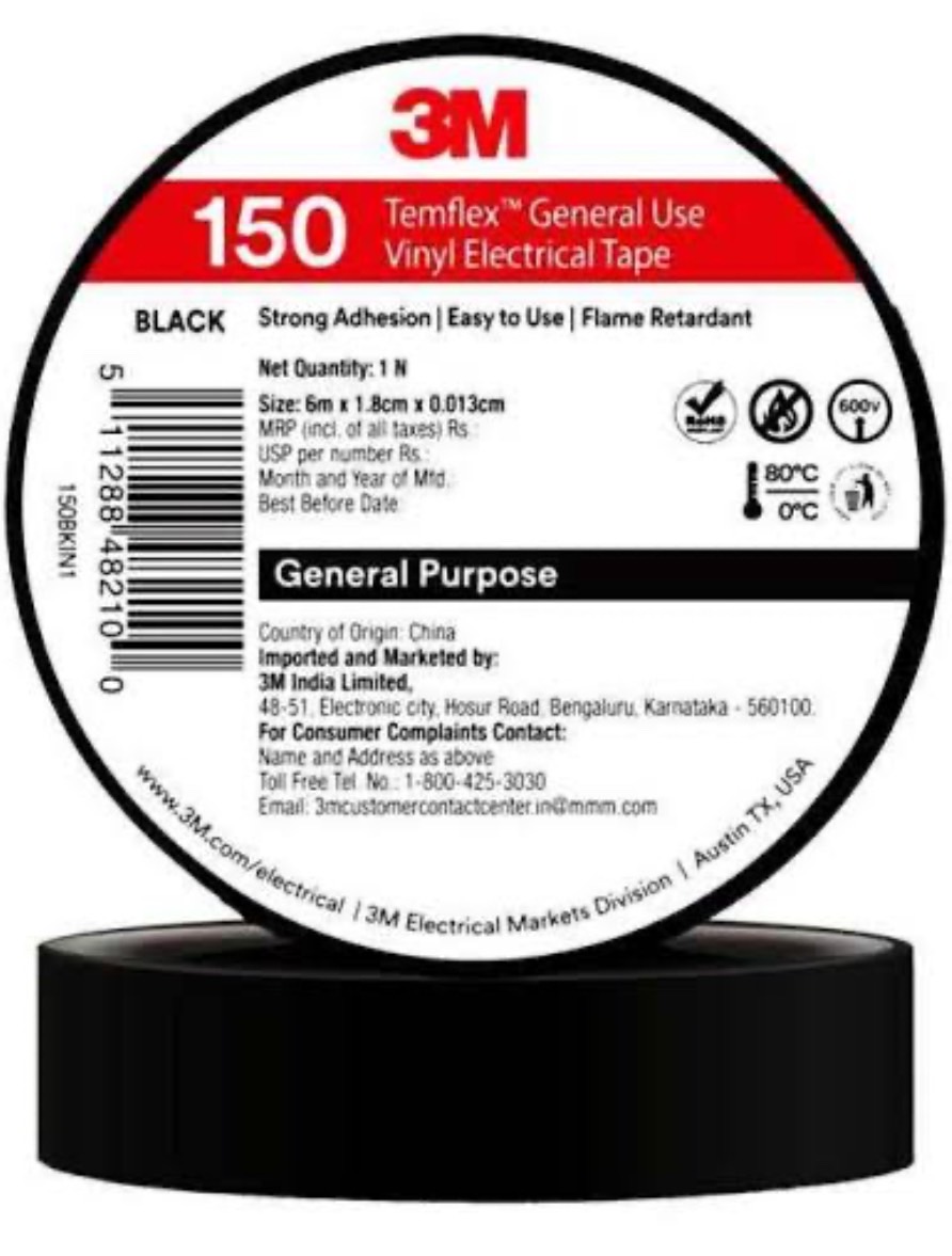 เทปพันสายไฟ 3M TEMFLEX 150 สีดำ แถบแดง 0.13มม/600V ใช้งานภายใน