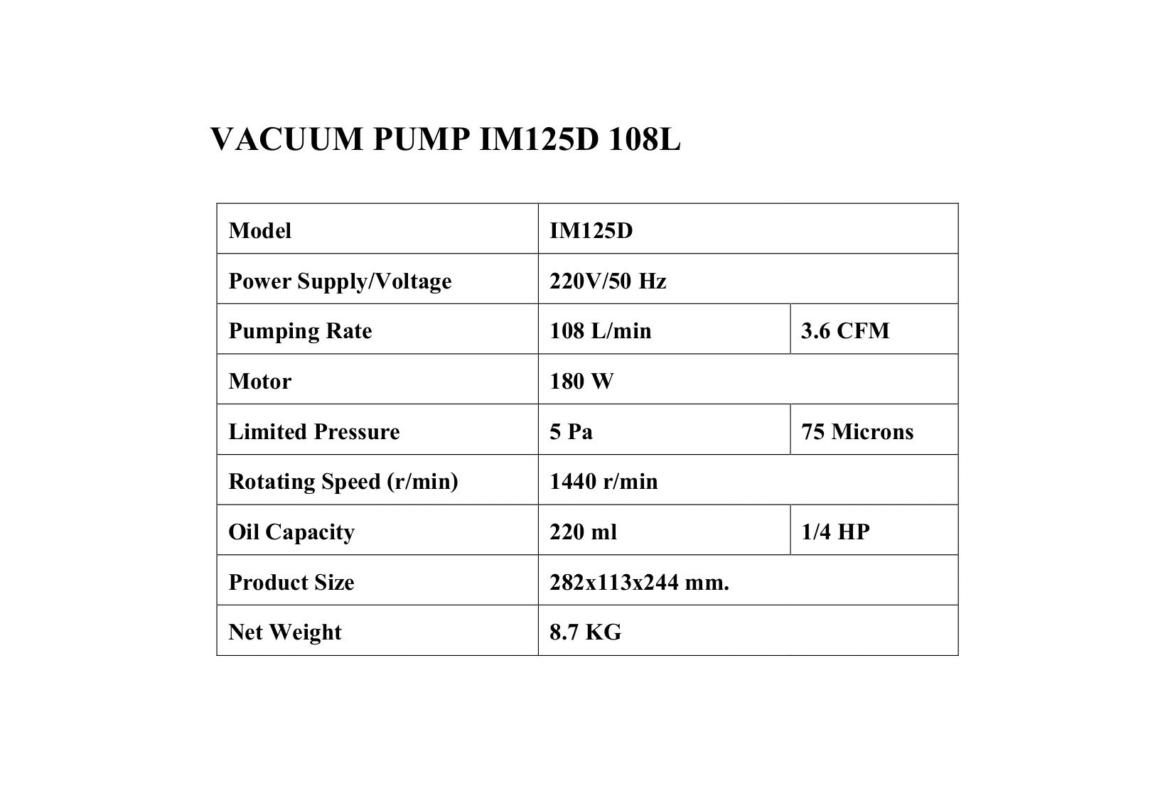 เครื่องแวคคั่ม IM-TECH รุ่น IM125D (มีหัวเกจ)
