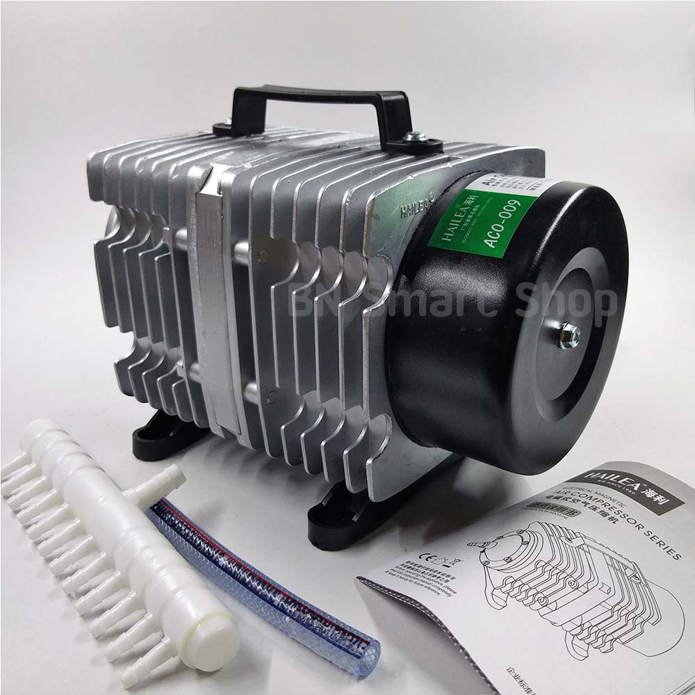 ปั้มลม ปั้มออกซิเจน ปั้มลูกสูบ 120 วัตต์ HAILEA รุ่น ACO-009 ฟรีแยกลมสามทาง วาวส์ปรับแรงดันลม สายยาง หัวทรายจิ๋ว พร้อมใช้งาน